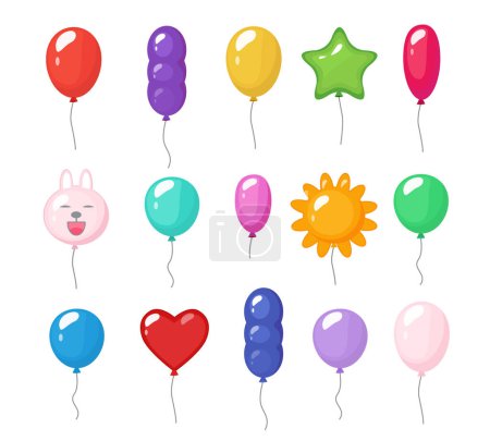 Illustration for Cartoon balloons. Festive entertainment bright reflections colored items shiny flying toys for party vector rubber air balloons. Birthday bright air helium balloons heart star and sun illustration - Royalty Free Image