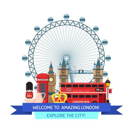 Téléchargez les illustrations : Bannière vectorielle une affiche avec dessin animé Londres vues et objets illustration - en licence libre de droit