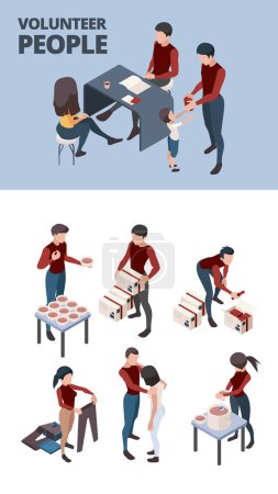 Illustration for Caring community. Help donation team volunteers people teamwork homeless poverty person vector isometric set. Volunteer care and help, social service for homeless aid illustration - Royalty Free Image