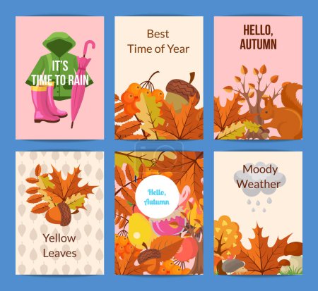 Illustration for Vector cartoon autumn elements and leaves card or flyer template illustration. Colored poster for web - Royalty Free Image