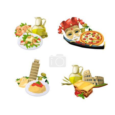 Ilustración de Caricatura vectorial cocina italiana elementos montones conjunto aislado sobre fondo blanco ilustración - Imagen libre de derechos
