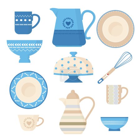 Illustration for Ceramic cookware. Kitchen utensils trendy decorative tools plating bowl handmade dishes teapots cups and mugs vector illustrations. Plate and dish, pitcher and teacup, pattern household mug and jug - Royalty Free Image