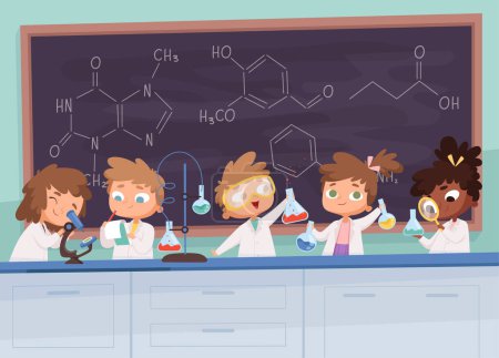 Illustration for Chemistry lab. Science boy and girls teenager learning research processes vector characters cartoon background. Chemistry lab science, illustration scientist gir and boy - Royalty Free Image