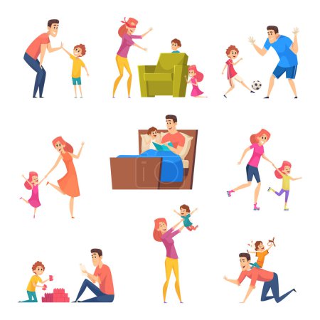Illustration for Parents and kids. Children good time in happy family father mother playing with son and daughter vector characters. Mother and father character, daughter and son happy play with parents illustration - Royalty Free Image
