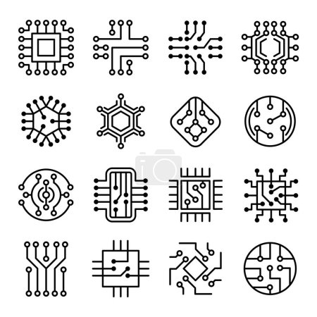 Illustration for Chip computer. Engineering electronic micro scheme computer system board vector icon set. Processor engineering technology, system cpu outline illustration - Royalty Free Image