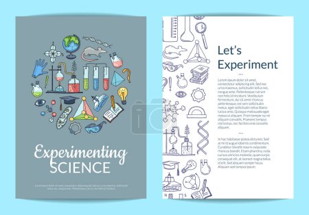 Illustration for Vector card or flyer template with sketched science or chemistry elements on plain background and place for text. Chemistry science flyer banner , research brochure scientific illustration - Royalty Free Image