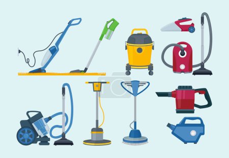 Illustration for Cleaning equipment. Electrical vacuum cleaner professional supplies household service vector collection pictures. Electric vacuum cleaning, appliance domestic, household device equipment illustration - Royalty Free Image
