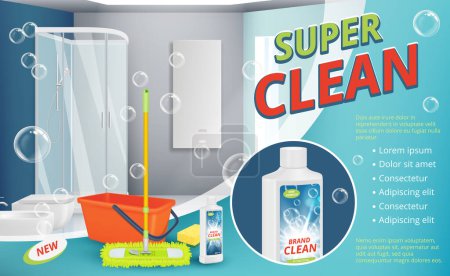Illustration for Cleaning agent. Advertizing placard power cleaning spray for surface shower room sanitation dust equipment vector realistic background. Hygiene surface, bathroom detergent, bottle cleaner illustration - Royalty Free Image