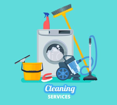 Illustration for Cleaning service. Household items kitchen spray bucket vacuum cleaner cleaning supplies vector concept background. Sprayer cleanup, broom and mopping, washing housekeeping illustration - Royalty Free Image