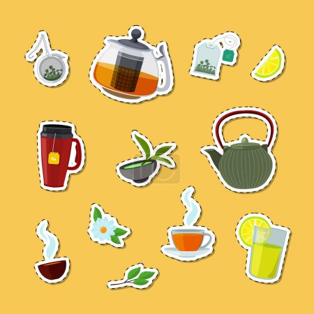 Téléchargez les illustrations : Bouilloires et tasses à thé vectorielles colorées de dessin animé autocollants d'illustration de jeu - en licence libre de droit
