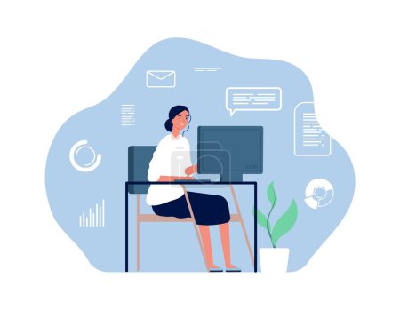 Illustration for Computer worker. Woman sitting desk, home workplace. young office girl, overworked businesswoman. Adorable remote employee vector character. Illustration business woman employee, character overworked - Royalty Free Image