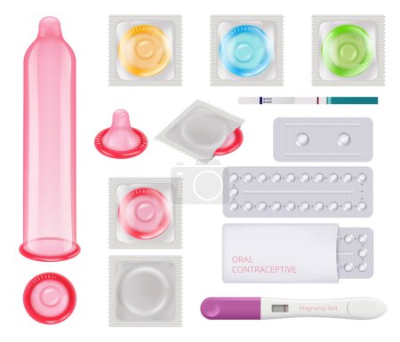 Illustration for Contraceptive. Condoms female pregnancy test ovulation calendar pills contraception methods vector realistic pictures. Condom packaging, pack protection, package contraceptive illustration - Royalty Free Image
