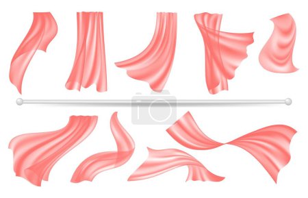 Illustration for Curtain rod and window textile decoration. Red flying silk transparent fabric, realistic isolated interior design vector elements. Fabric curtain, decoration interior wave, satin classic illustration - Royalty Free Image