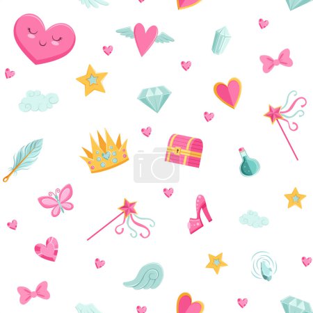 Illustration for Vector cute cartoon magic and fairytale elements pattern or background illustration - Royalty Free Image