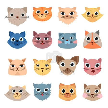 Illustration for Cats heads. Cute funny domestic animals colored heads happy faces expressive emotions vector set. Cat animal, pet funny set face illustration - Royalty Free Image