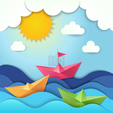 Illustration for Origami boat. Cut paper ocean waves shadows vector ship stylized illustration. Ocean boat in sea, ship origami on wave - Royalty Free Image
