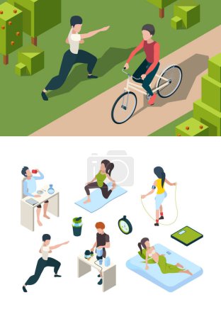 Illustration for Healthy lifestyle. Daily activities of sport people nutrition for health active habits of successful person vector isometric. People do exercise for healthy, isometric fitness and yoga illustration - Royalty Free Image