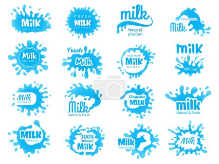 Ilustración de Logotipo de alimentos lácteos. Yogur de leche y lecho diseño de insignias de granja con productos lácteos líquidos que fluyen con el juego de vectores de salpicaduras. granja, crema de leche y el logotipo del líquido lácteo, insignia de bebida fresca ilustración - Imagen libre de derechos
