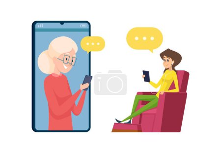 Ilustración de Videollamada a los padres. Hija y madre hablando por teléfono. Feliz abuela y nieta, anciana con ilustración de vectores de teléfonos inteligentes. Abuela uso de teléfono inteligente, mujer y nieta - Imagen libre de derechos