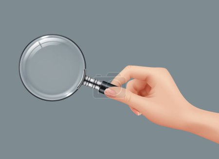 Illustration for Magnifying glass in hand. Detective holding gadget zoomed loupe lens vector realistic pictures isolated. Illustration search glass magnifying, magnifier zoom - Royalty Free Image