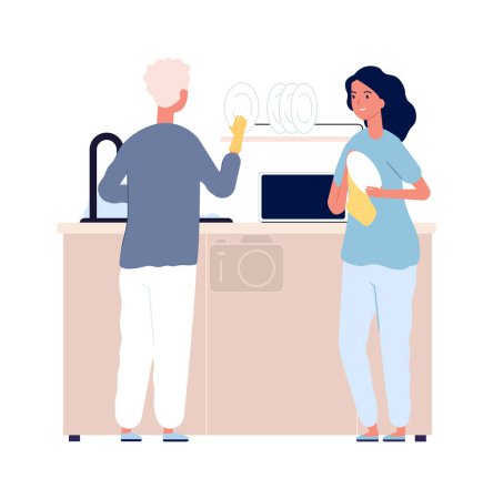 Illustration for Dish washing. Family after dinner. Man woman cleaning plates with water and detergent vector illustration. Washing and housekeeping, domestic work - Royalty Free Image