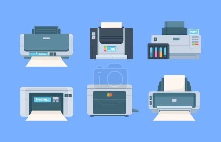 Illustration for Printers. Documents and photo on papers copy machines for printing house vector flat illustration. Printer office, device scan and photocopier - Royalty Free Image