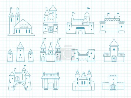 Illustration for Drawn castles. Gothic medieval royal architectural objects with towers historic fairytale romantic doodle vector castles set. Castle medieval, tower ancient architecture, royal building illustration - Royalty Free Image