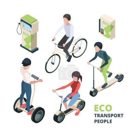 Téléchargez les illustrations : ECO personnes de transport. 3D vélo voiture électrique véhicule urbain vélo segway vecteur isométrique illustrations. Scooter isométrique, véhicule adapté aux rues, vélo écologique - en licence libre de droit