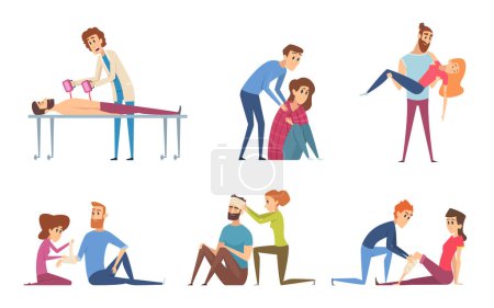 Illustration for First aid. Emergency medical helping to damaged people injury victims vector characters. Emergency medical aid, first help after accident illustration - Royalty Free Image