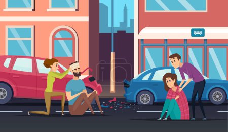Illustration for First aid. Road accident personal helping person to car or cycling driver medicine vector cartoon background. Accident road, automobile crash and people help driver illustration - Royalty Free Image
