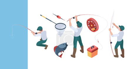 Illustration for Fishing isometric. Fisherman with spinning in action poses sitting in rubber boat sport fishing hobbies vector people set. Fishing and fisherman with rod illustration - Royalty Free Image