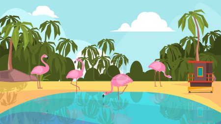 Ilustración de Parque Flamingo. Aves exóticas rosadas en el lago. Camping, vacaciones en la playa o vector turístico ilustración. Pájaro flamenco, parque paraíso zoológico exótico - Imagen libre de derechos