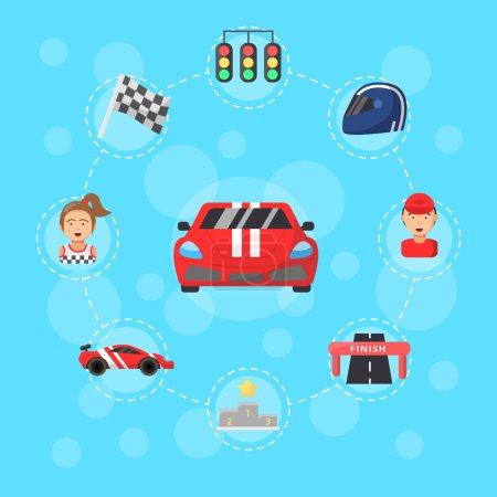 Illustration for Vector flat car racing icons infographic concept illustration. Car sport race speed, auto championship, automobile winner competition - Royalty Free Image