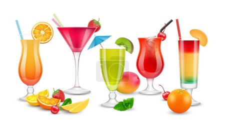 Illustration for Fruits drinks. Seasonal summer realistic cocktails. Berries, fruit alcoholic and non alcoholic beverages. Isolated juices vector set. Cocktail juice liquid, freshness drink collection illustration - Royalty Free Image