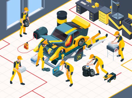 Illustration for Car service. Workers mechanic repairing automobile change engine and wheels in garage interior vector inspection team isometric. Illustration auto mechanic, workshop automobile, car garage - Royalty Free Image