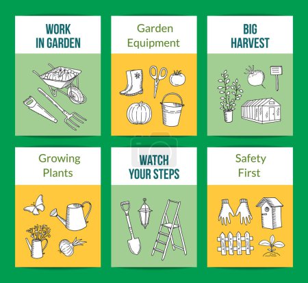 Illustration for Vector gardening doodle icons card templates set illustration. Growing harvest garden, safety gloves and stepladder - Royalty Free Image