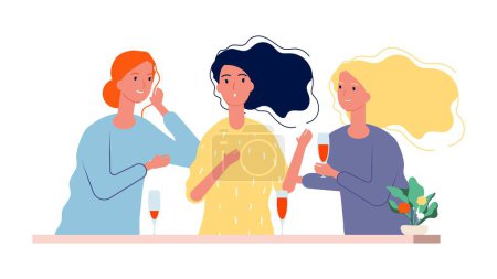 Illustration for Girlfriends. Women meeting in cafe or restaurant. Female evening, girls talking, gossip and laughing vector illustration. Female talking and sitting, meeting lady illustration - Royalty Free Image
