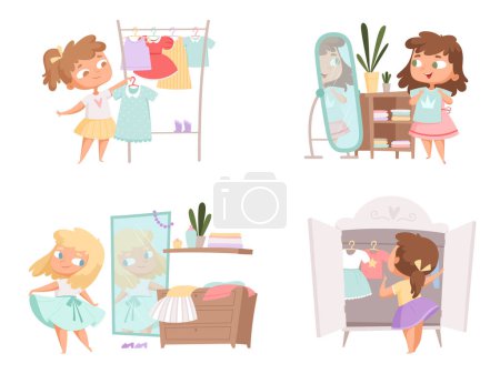 Illustration for Girl dressing up. Mother and daughter choice clothes in wardrobe vector female person vector cartoon kids. Children morning dressing, clothing and routine illustration - Royalty Free Image