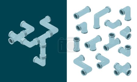 Illustration for Industrial pipes. Oil or water plastic tubes steel pipes connections vector isometric set. Pipe plumbing, pipeline industry gas, industrial piping illustration - Royalty Free Image