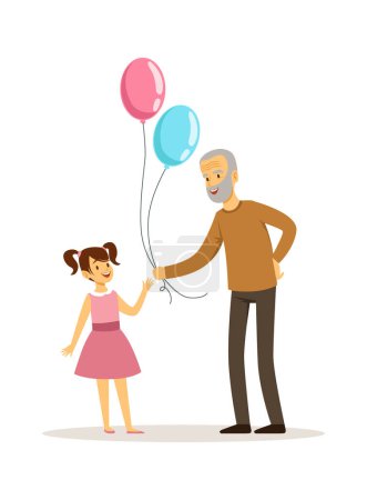Illustration for Grandfather and granddaughter. Old man gives balloons happy little girl. Birthday card, family gift or time with grandparents vector illustration. Happiness grandparent child, colored balloon girls - Royalty Free Image