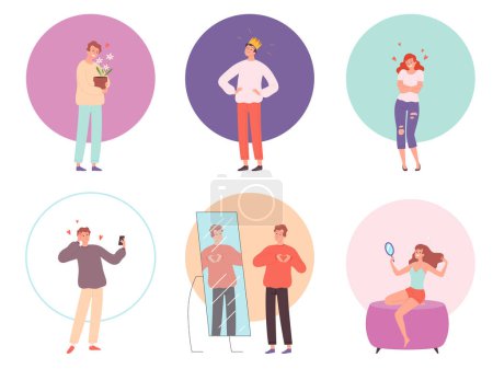 Illustration for Narcissistic people. Handsome person attracted male and female characters vanity vector peoples. Self narcissist, successful narcissism, love and narcissistic illustration - Royalty Free Image