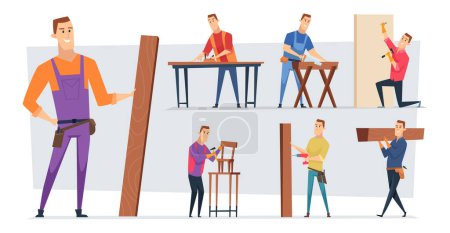 Illustration for Carpentry job. Handyman character or craftsman professional working making wooden building roof vector job cartoon concept background. Craftsman worker with equipment, handyman builder illustration - Royalty Free Image