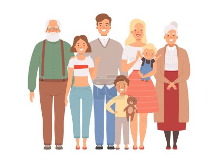 Illustration for Happy family. Mother father kids and grandparents standing together vector big family portrait. Father and mother, family with children illustration - Royalty Free Image