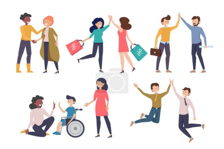 Illustration for High five. Happy people celebration hands gestures greeting friends and colleagues happiness of crowd vector set. Illustration friendship greeting, partnership together happy high five - Royalty Free Image
