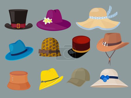 Illustration for Hats. Fashion clothes for stylish man and woman wardrobe vector cartoon set. Hats modern woman, hipster type wardrobe for female illustration - Royalty Free Image