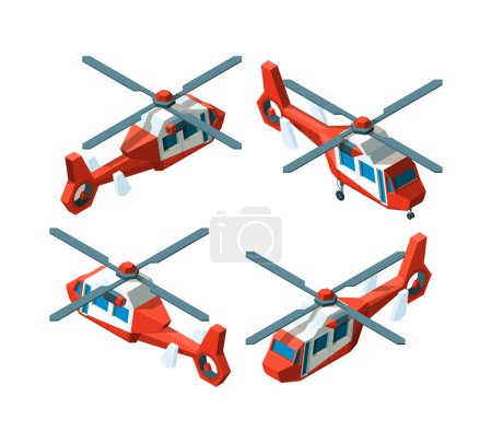 Illustration for Helicopter isometric. Low poly avia transport different point views vector collection. Illustration helicopter transportation, fly machine isometry - Royalty Free Image