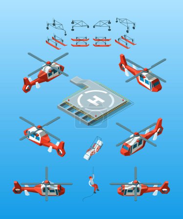 Illustration for Helipads. Helicopter isometric vector civil aviation set urban transport. Illustration helicopter with lifeguard, transport isometry aviation - Royalty Free Image