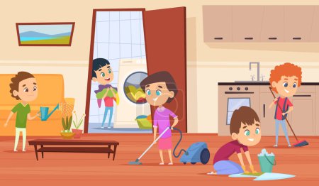 Illustration for Housework with parents. Family couple mother father and kids making cleaning in house wash furniture brooming floor vector characters. Family parents children do housework, housekeeping illustration - Royalty Free Image