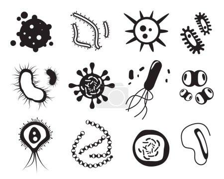 Illustration for Microbes silhouettes. Bacteria and viruses biology pandemic icons set vector monochrome pictures. Illustration microscopic pandemic organism, coronavirus pathogen - Royalty Free Image