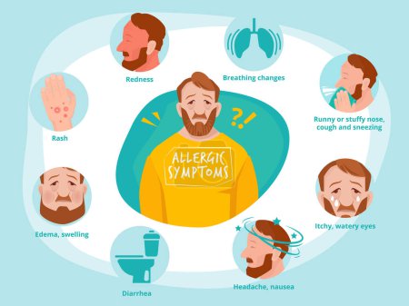 Illustration for Allergic symptoms. Infected human sneezing infections sick asthma toilet vector infographic illustrations. Allergic symptom infected and sneezing bronchial asthmatic - Royalty Free Image